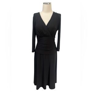 Nine West Black Long Sleeve Rouched Waist Faux Wrap Midi Dress Sz 10